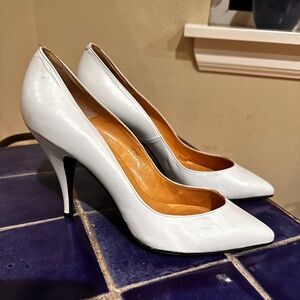 White Leather High Heeled Pumps w/ Elegant Lines for Weddings & Wear w/ Dresses